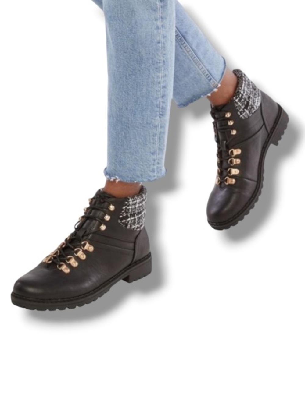 JustFab Women’s Rayln Lace-Up Black Chunky Boot 90’s Fashion Shoes Plaid Detail